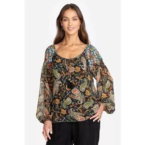 Johnny Was Jade Adela Floral Peasant Blouse Black Size Medium